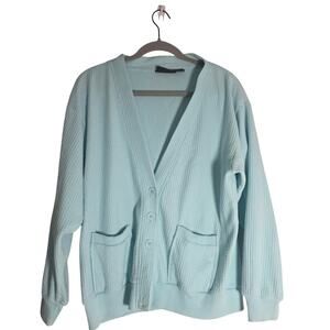 Soft Blue Ribbed Cardigan Women's Large Cozy Button Front Layering Spring Cute